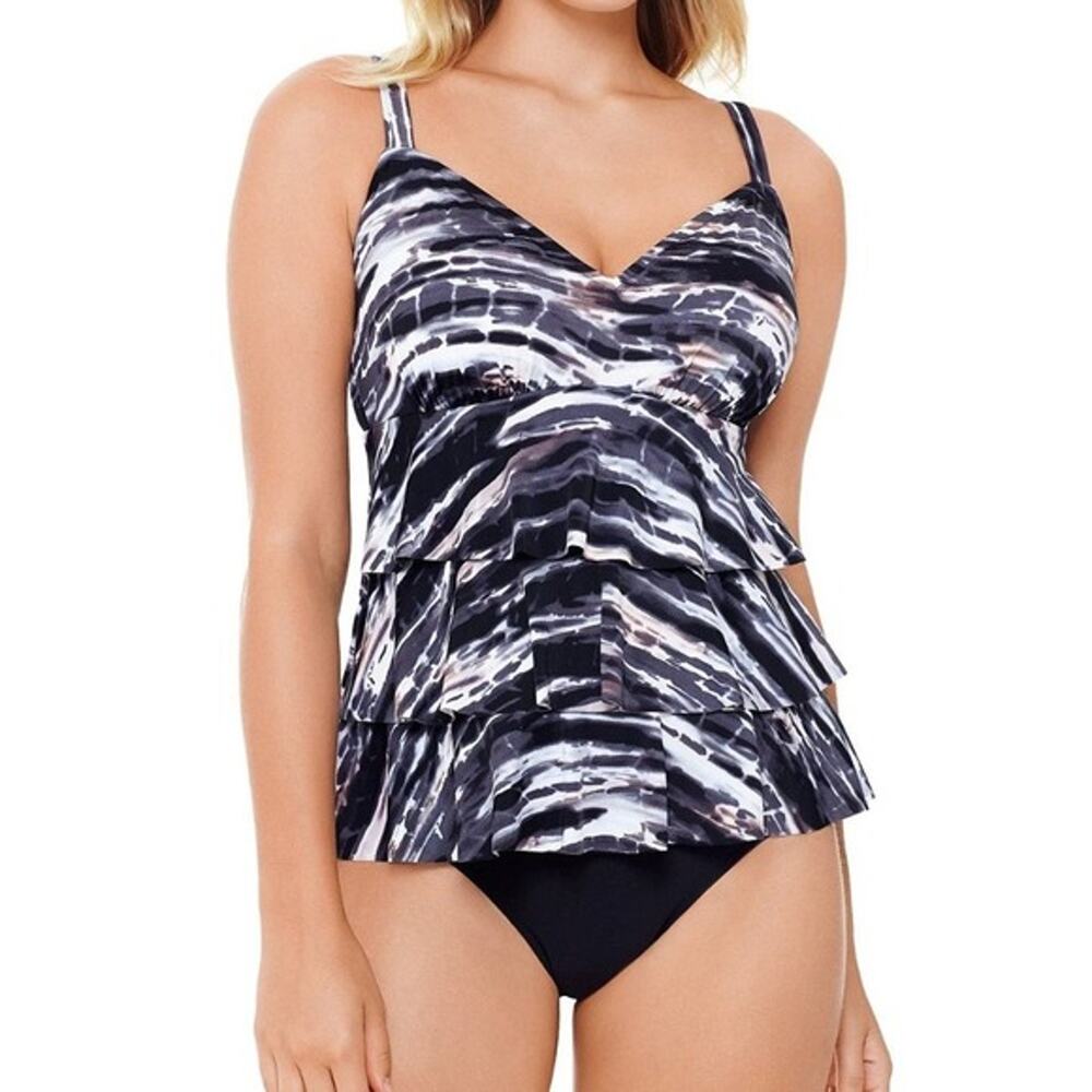 Swim Solutions Coastal Plates Black Tiered Tummy Control One-Piece Size 8